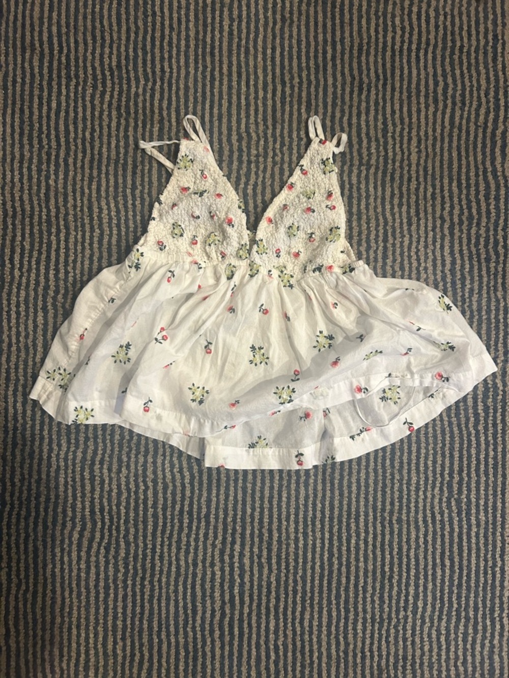 Free People White Floral Smocked Cami with Pink and Green Accents
